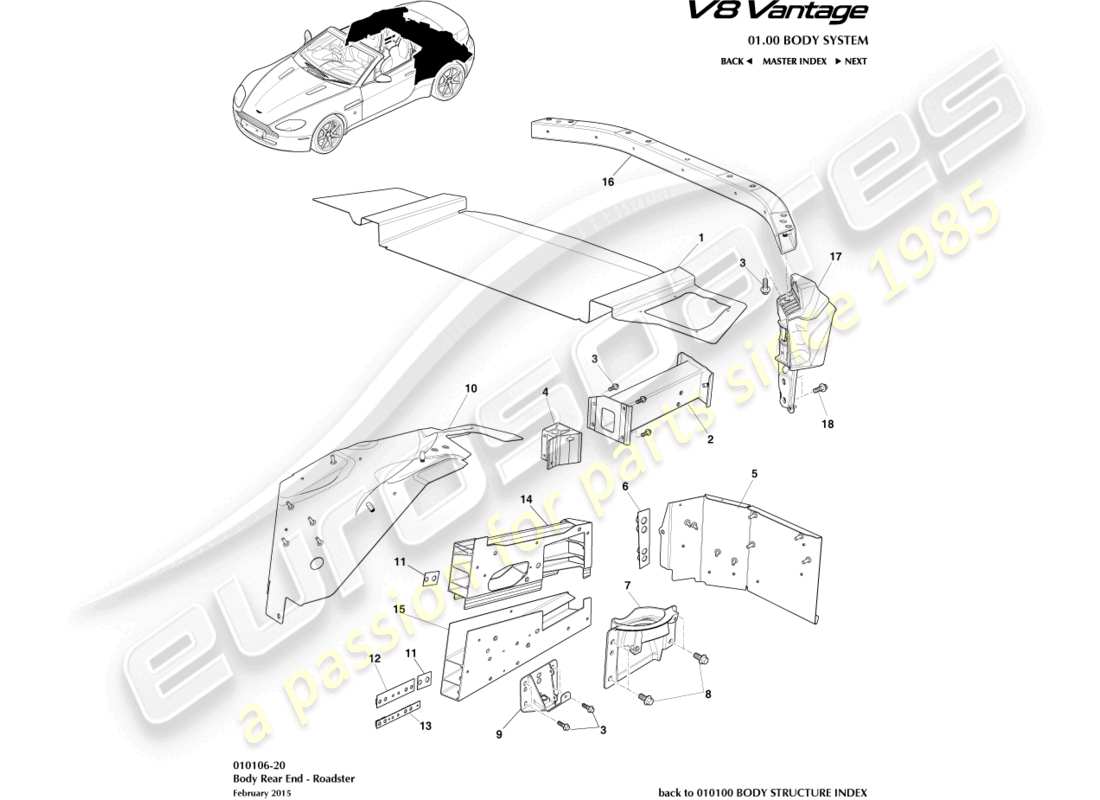 aston martin v8 vantage (2010) body rear end, roadster part diagram