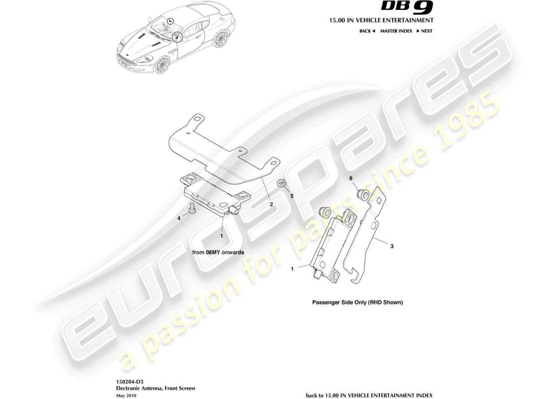 aston martin db9 (2011) electronic antenna, windscreen part diagram