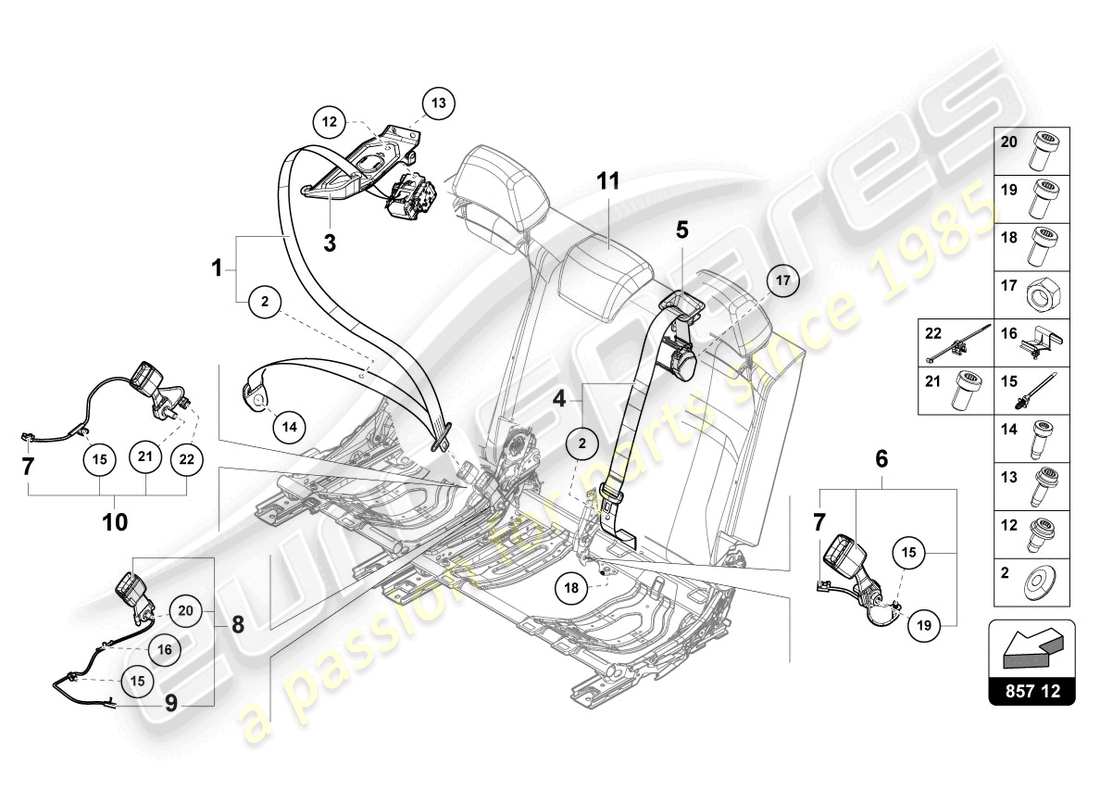 lamborghini urus (2020) three-point safety belt 3. seat bench parts diagram