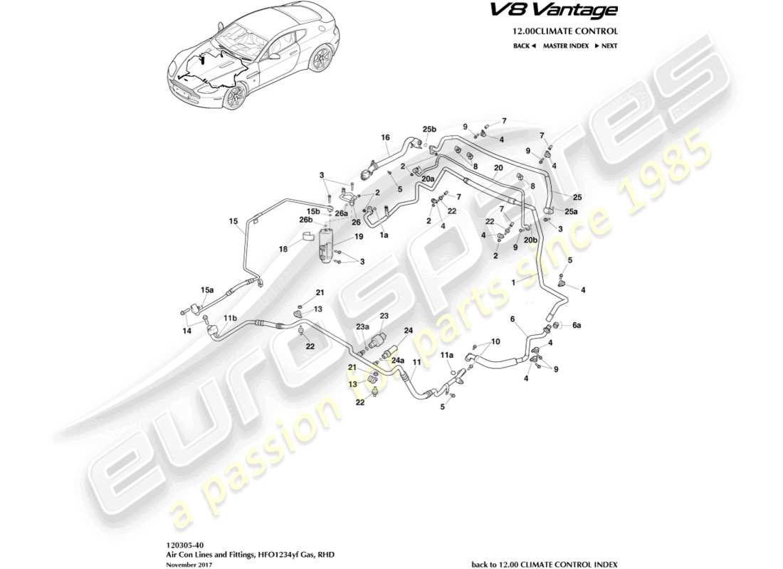 aston martin v8 vantage (2016) air con lines, hfo1234yf gas, rhd part diagram