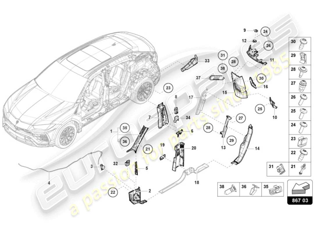 lamborghini urus (2020) pillar trim part diagram