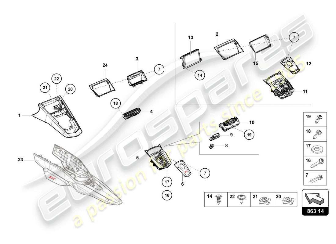 lamborghini lp770-4 svj roadster (2022) centre console parts diagram
