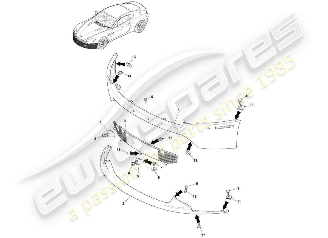 aston martin v8 vantage (2005) front bumper, 12.25my on & v8s part diagram