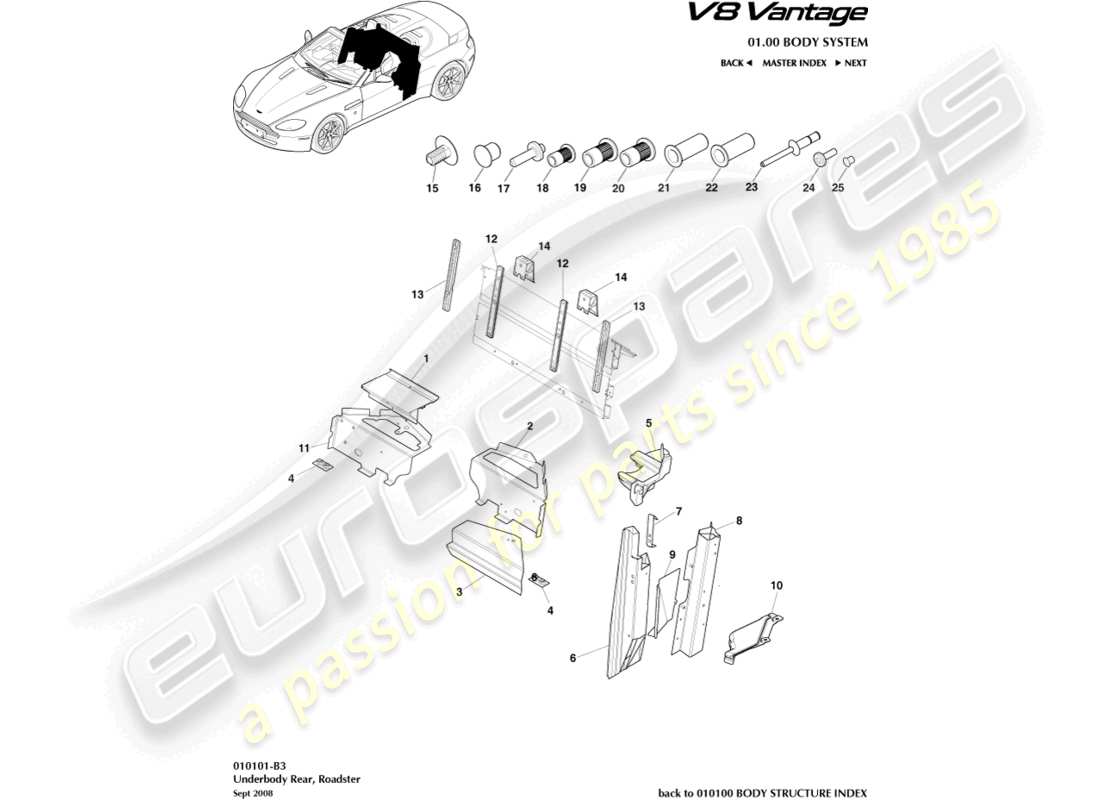 aston martin v8 vantage (2012) underbody rear, roadster part diagram