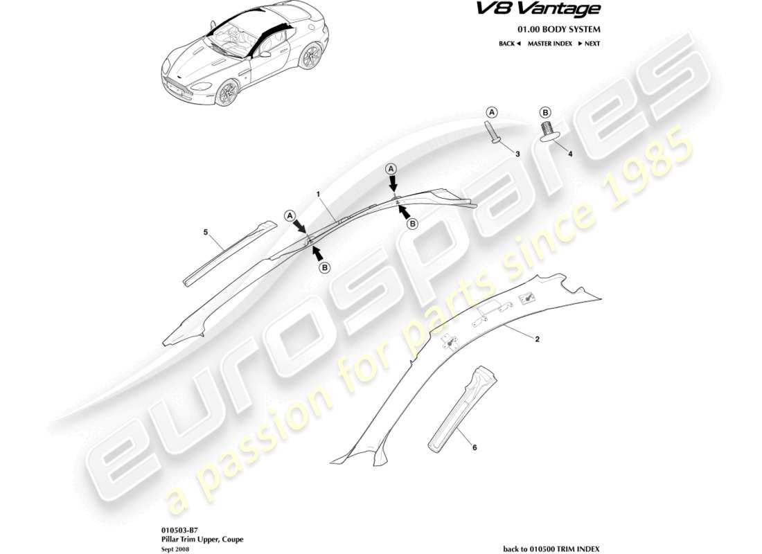 aston martin v8 vantage (2012) pillar trim, upper, coupe part diagram