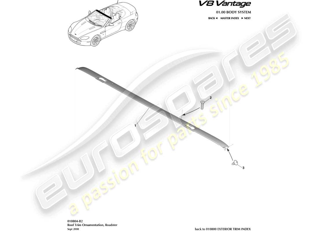 aston martin v8 vantage (2013) roof trim, roadster part diagram