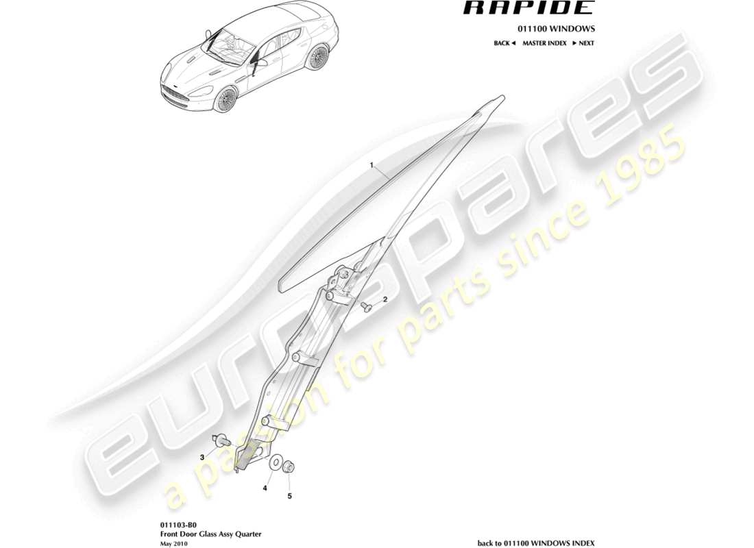 aston martin rapide (2011) front door quarter glass part diagram