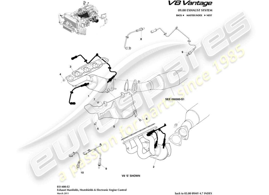 aston martin v8 vantage (2012) exhaust manifolds part diagram