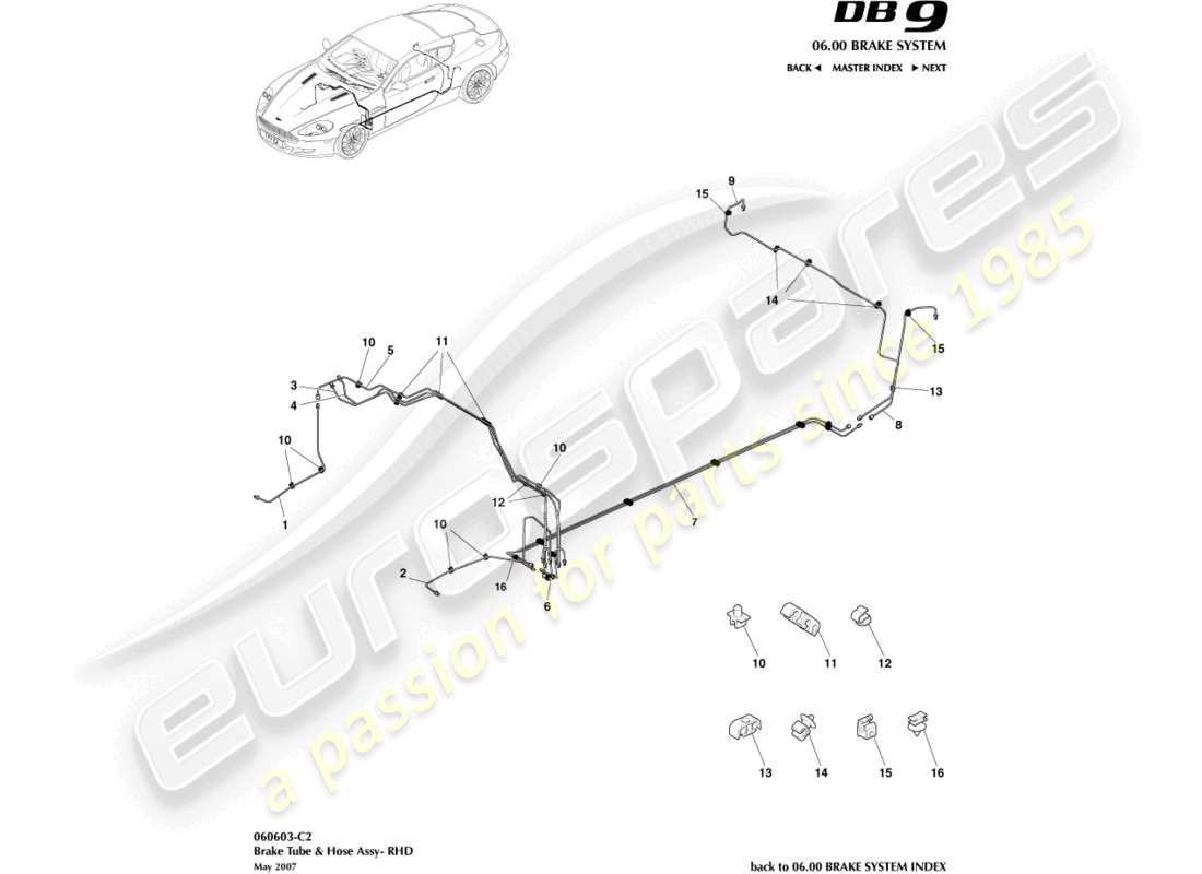 aston martin db9 (2007) brake lines & hoses, rhd part diagram