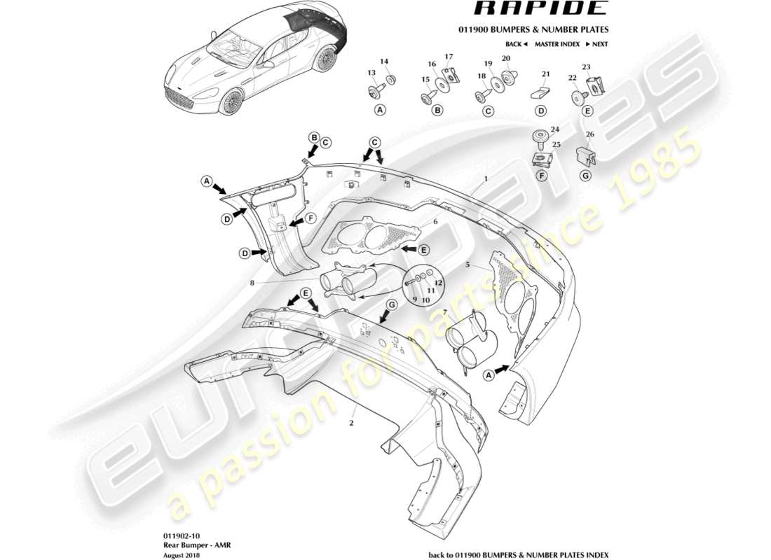 aston martin rapide (2011) rear bumper, amr part diagram