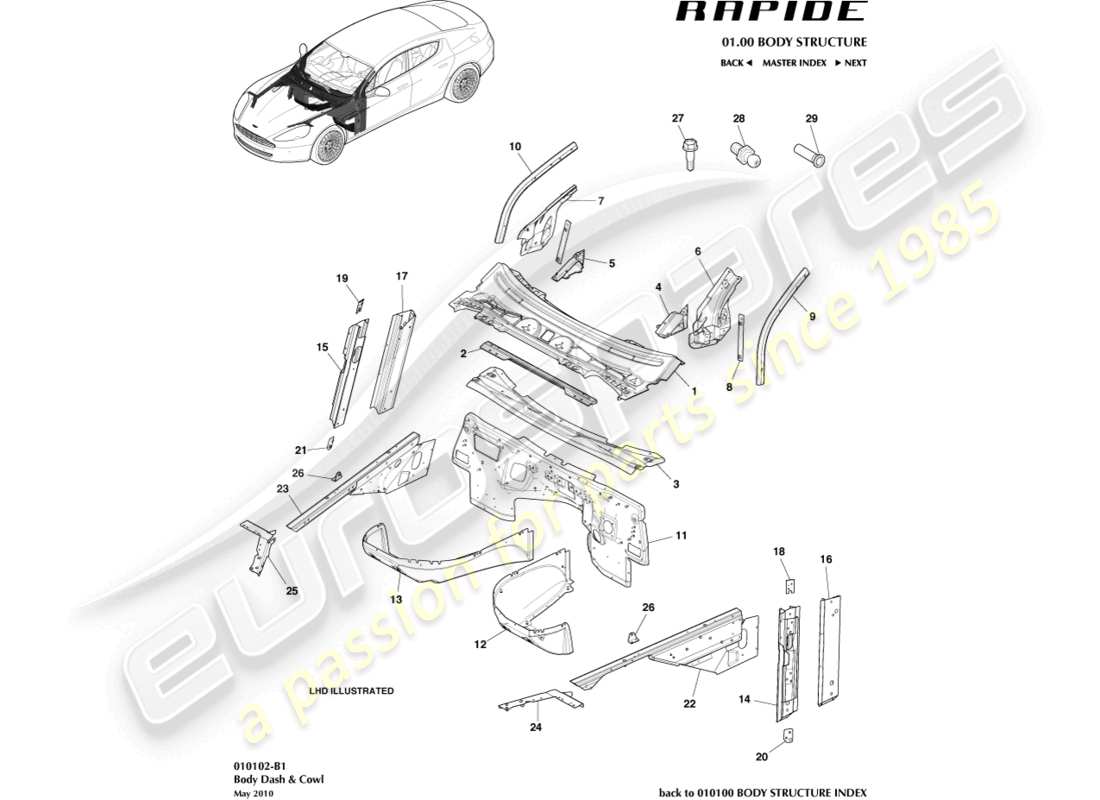 aston martin rapide (2011) body dash & cowl part diagram