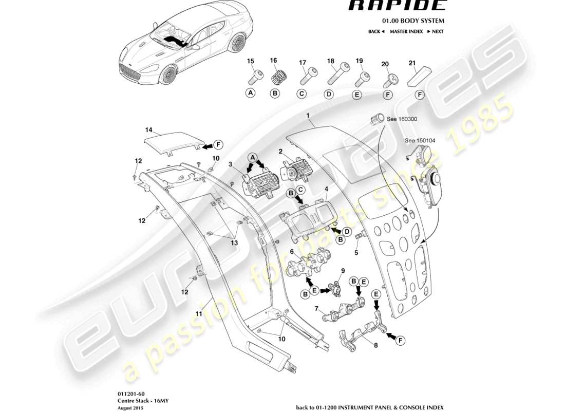 aston martin rapide (2011) centre stack trim panel, s 16my part diagram