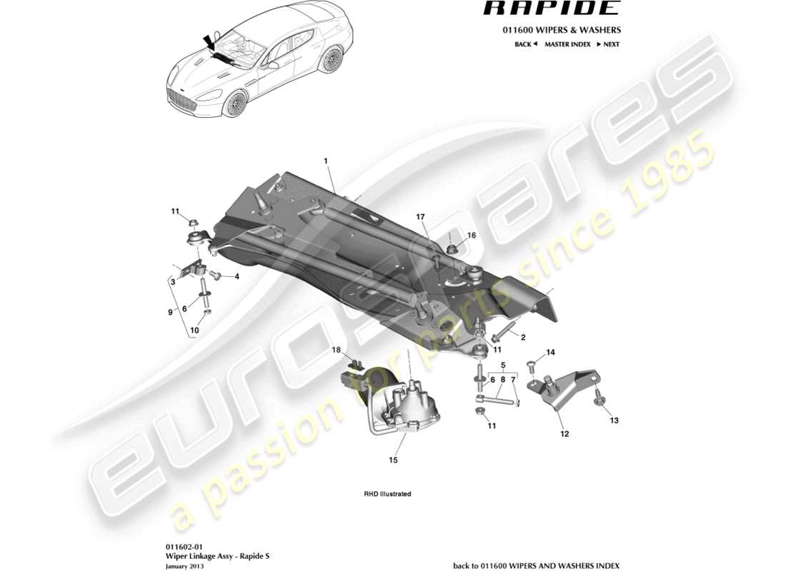 aston martin rapide (2011) wiper linkage, s part diagram