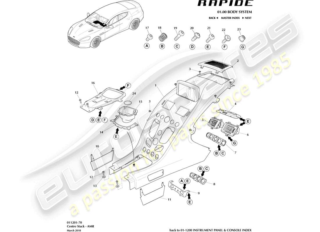 aston martin rapide (2011) centre stack trim panel, amr part diagram