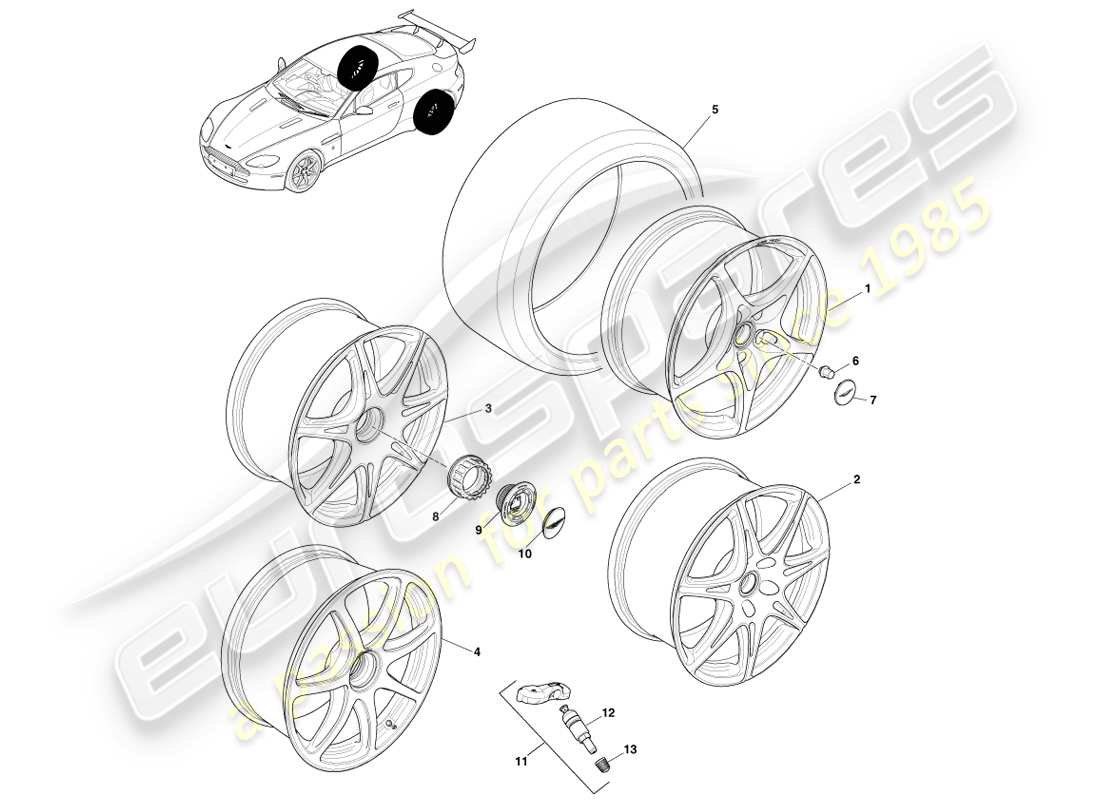 aston martin v8 vantage (2007) rear wheels & tyres, gt8 part diagram