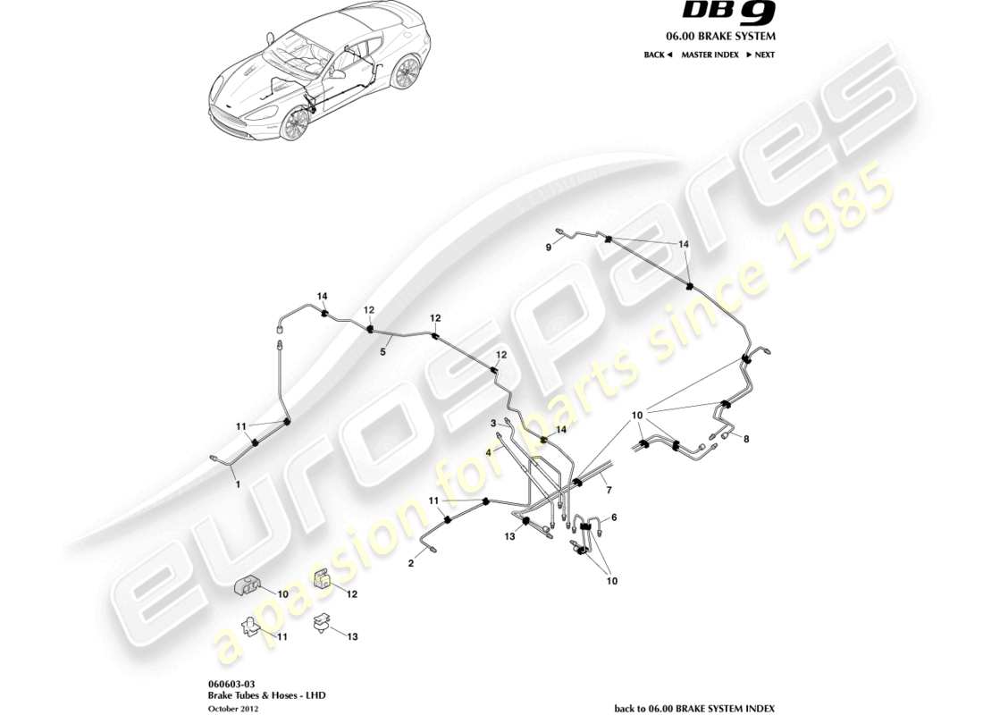 aston martin db9 (2014) brake lines & hoses, lhd part diagram