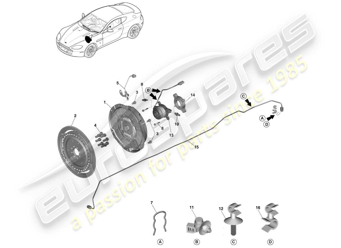 aston martin v8 vantage (2005) clutch system, sportshift 7 spd part diagram