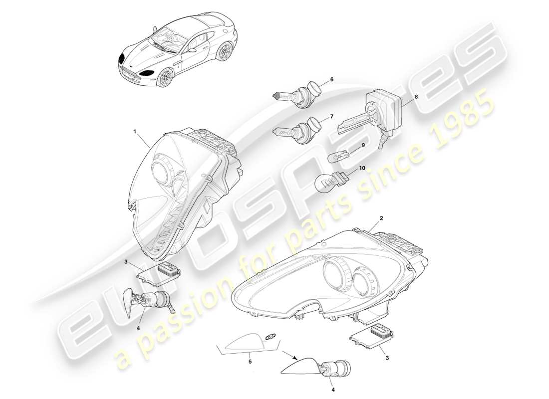 aston martin v8 vantage (2007) headlights part diagram