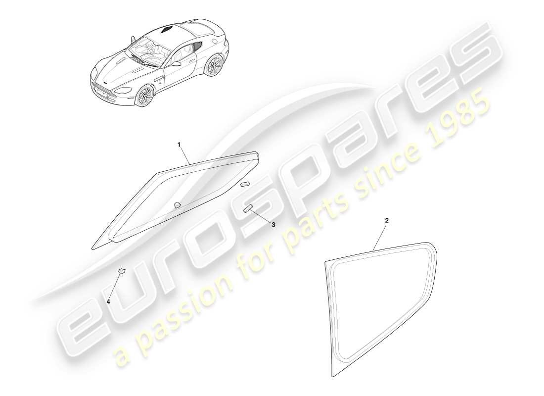 aston martin v8 vantage (2007) rear quarter glass, coupe part diagram