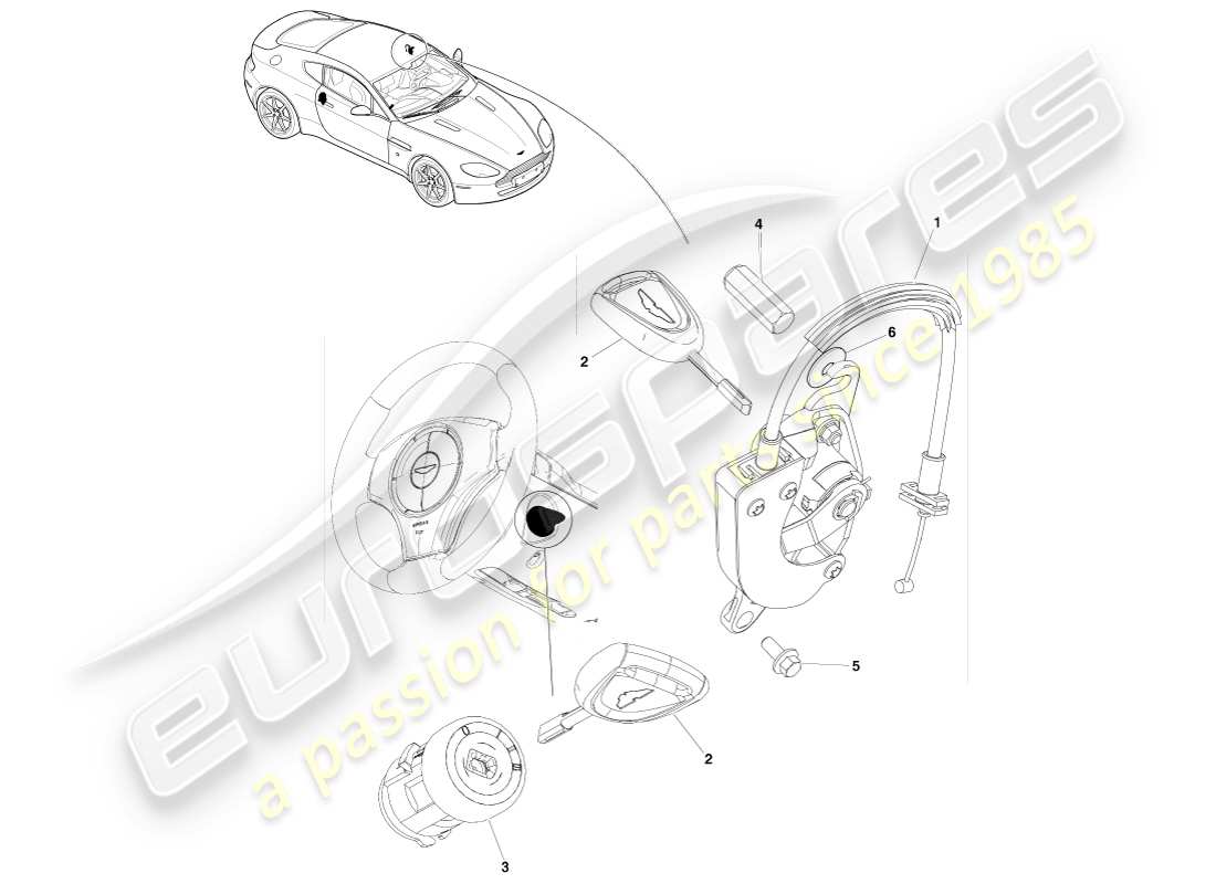 aston martin v8 vantage (2007) lock set and keys, lhd part diagram