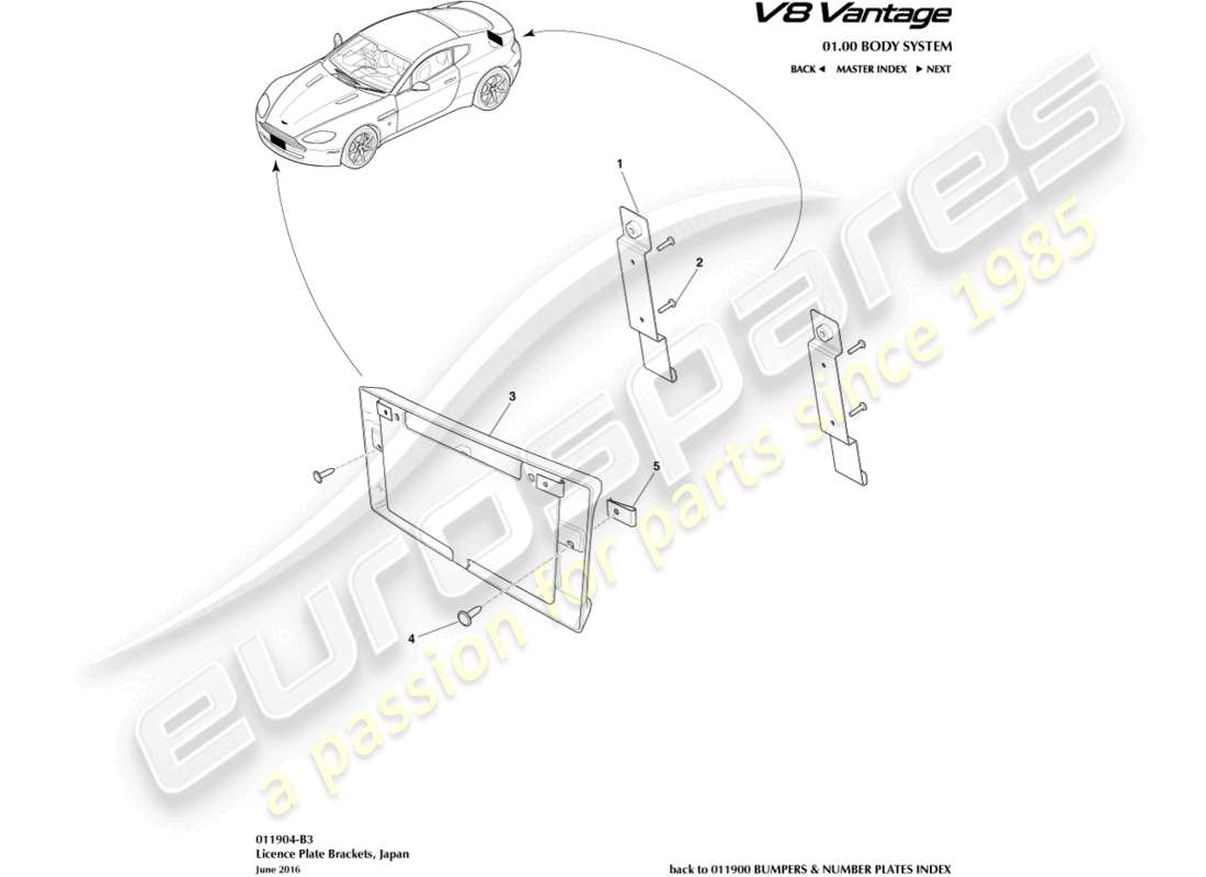 aston martin v8 vantage (2012) license plate brackets, japan part diagram