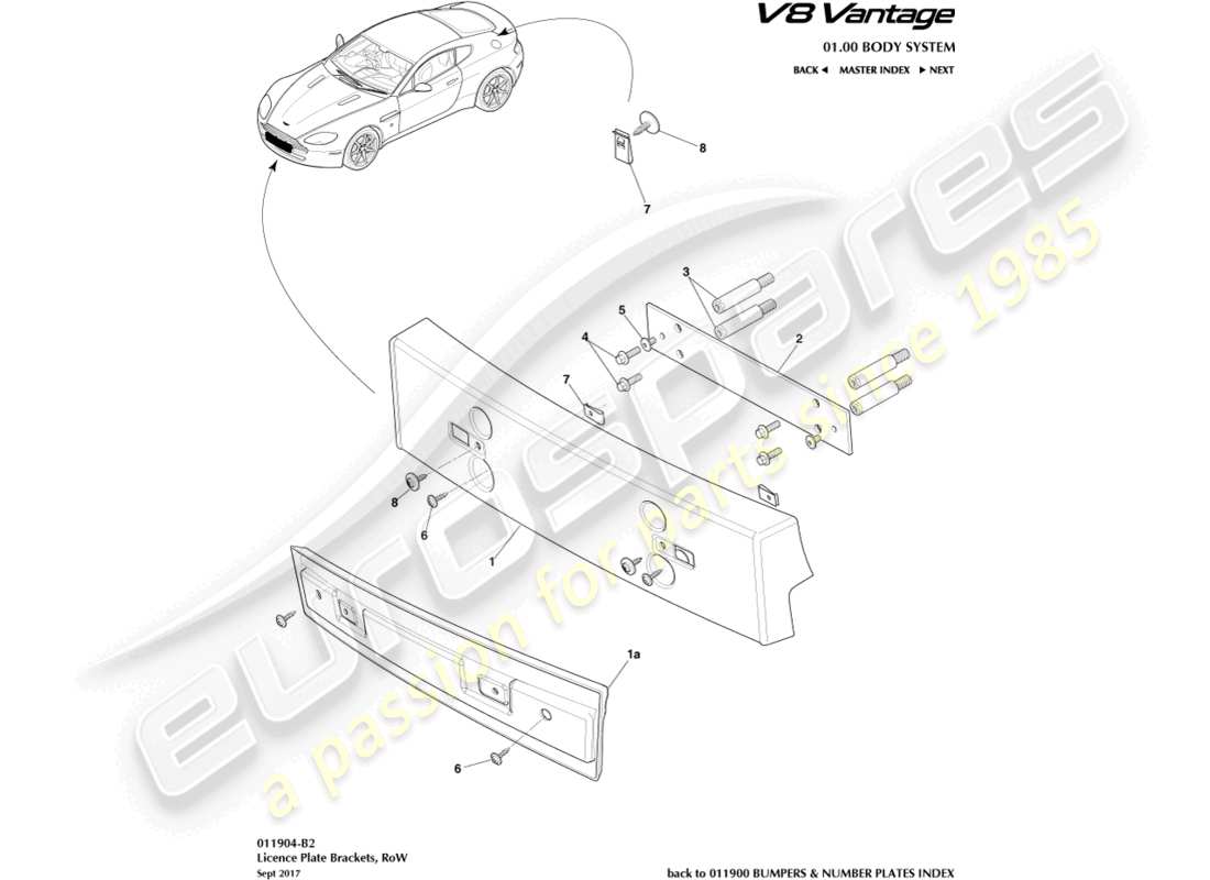 aston martin v8 vantage (2013) license plate brackets, row part diagram