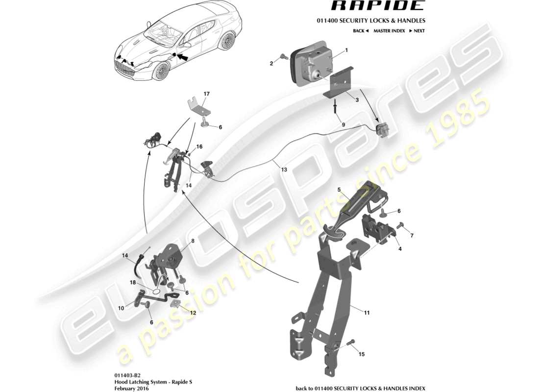 aston martin rapide (2011) hood latch system, s part diagram