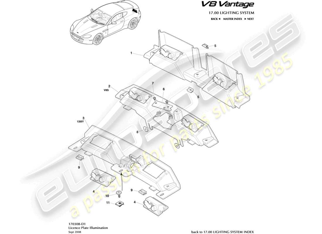 aston martin v8 vantage (2012) license plate lamps part diagram