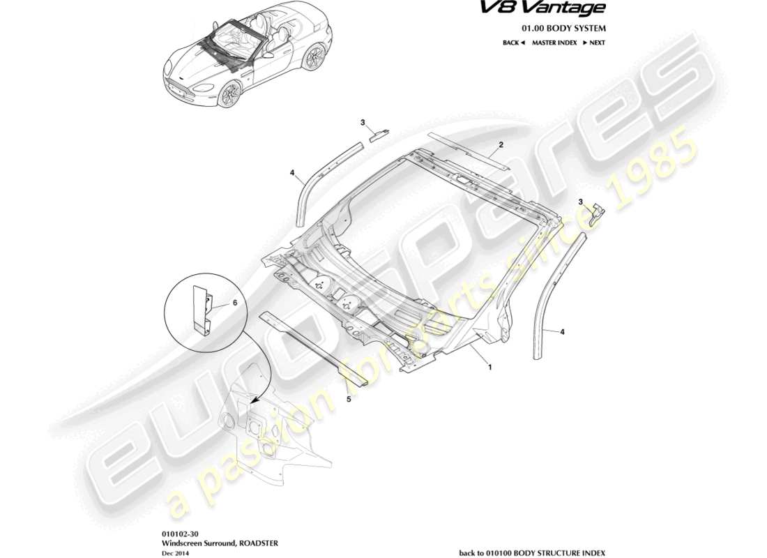 aston martin v8 vantage (2009) body dash and cowl, roadster part diagram