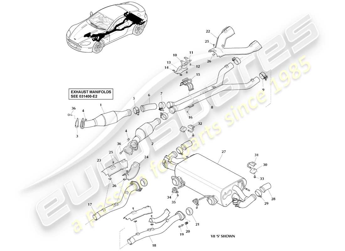 aston martin v8 vantage (2007) exhaust system part diagram