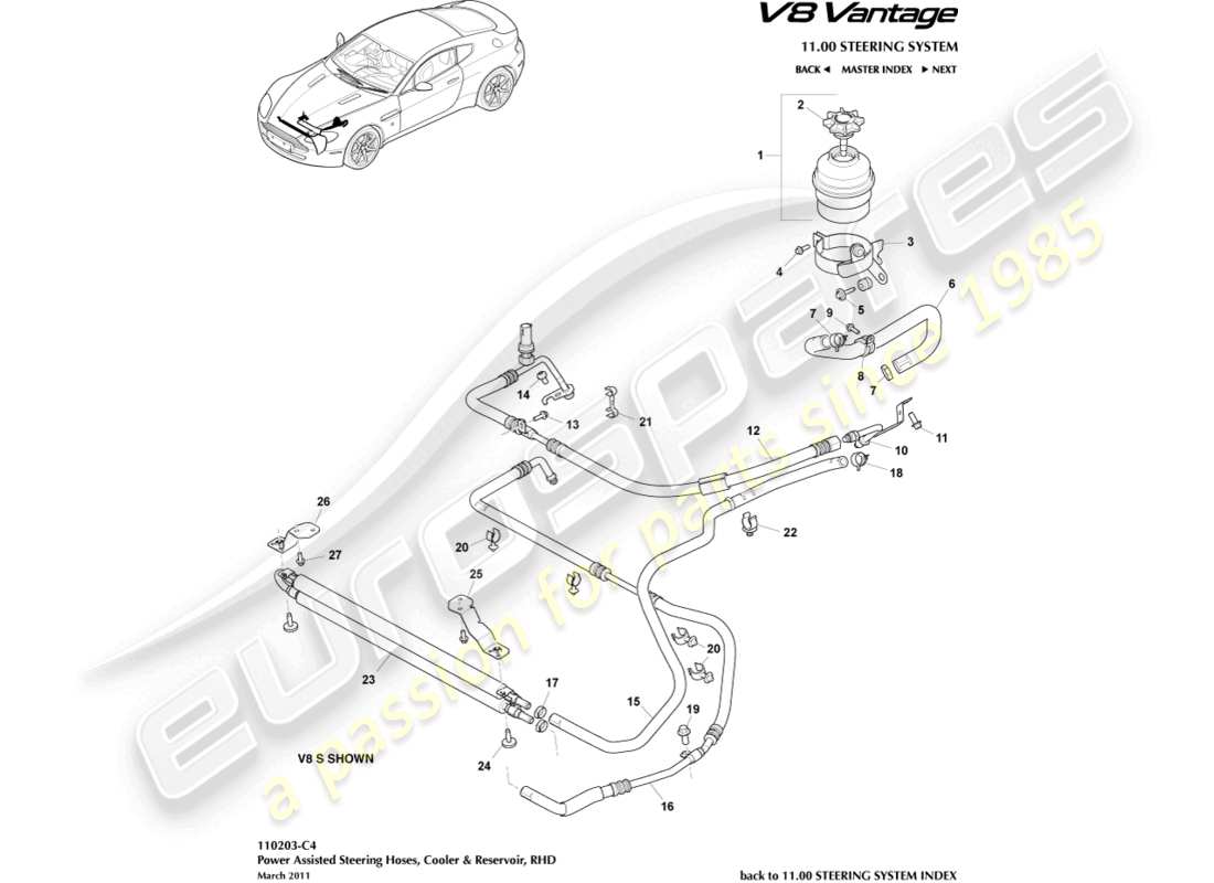 aston martin v8 vantage (2016) cooler, hoses & reservoir, rhd part diagram