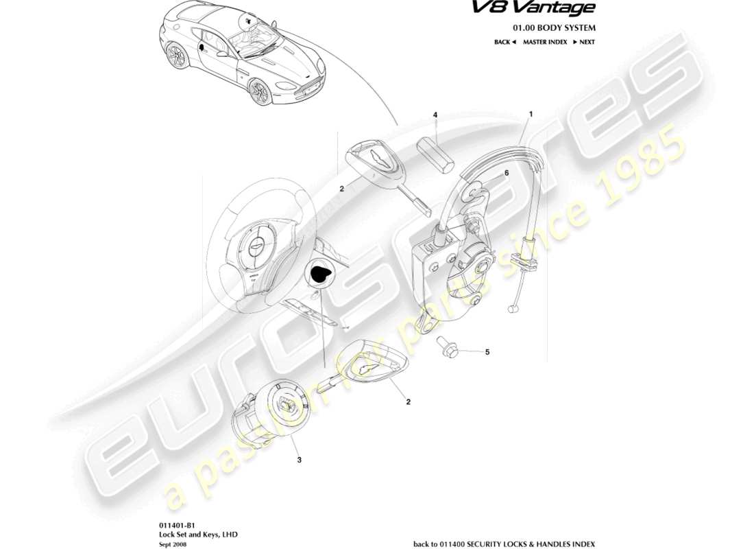 aston martin v8 vantage (2016) lock set and keys, lhd part diagram