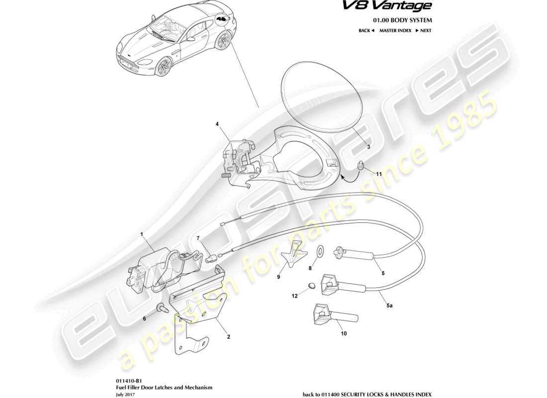 aston martin v8 vantage (2008) fuel filler mechanism, coupe part diagram