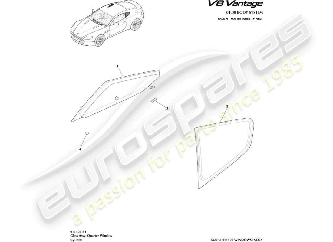 aston martin v8 vantage (2008) rear quarter glass, coupe part diagram