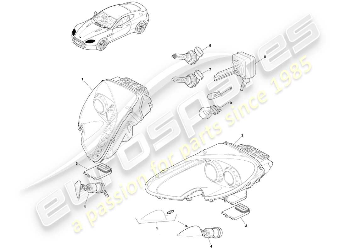 aston martin v8 vantage (2005) headlights part diagram