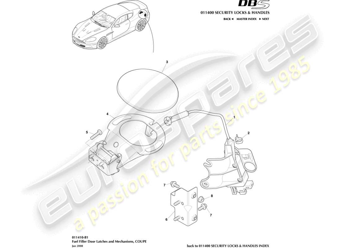 aston martin dbs (2007) fuel filler mechanism, coupe parts diagram