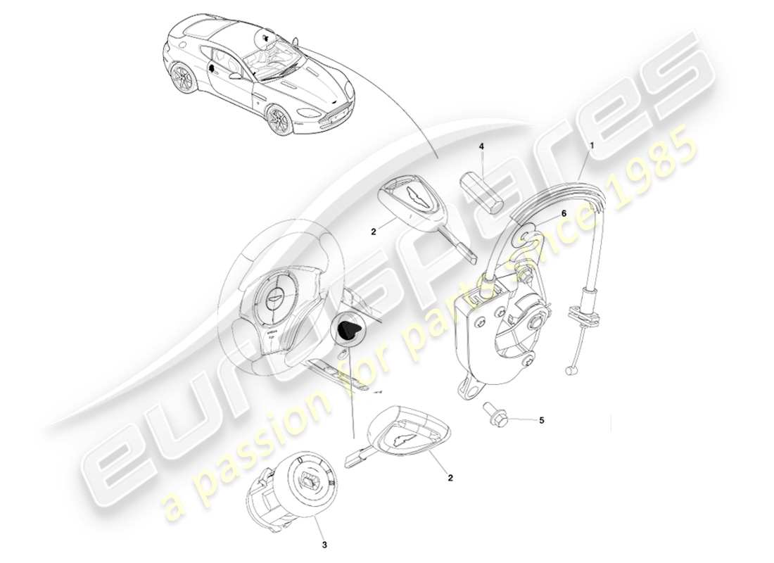 aston martin v8 vantage (2005) lock set and keys, lhd part diagram