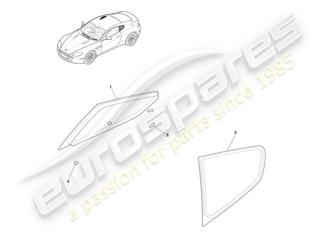 aston martin v8 vantage (2005) rear quarter glass, coupe part diagram