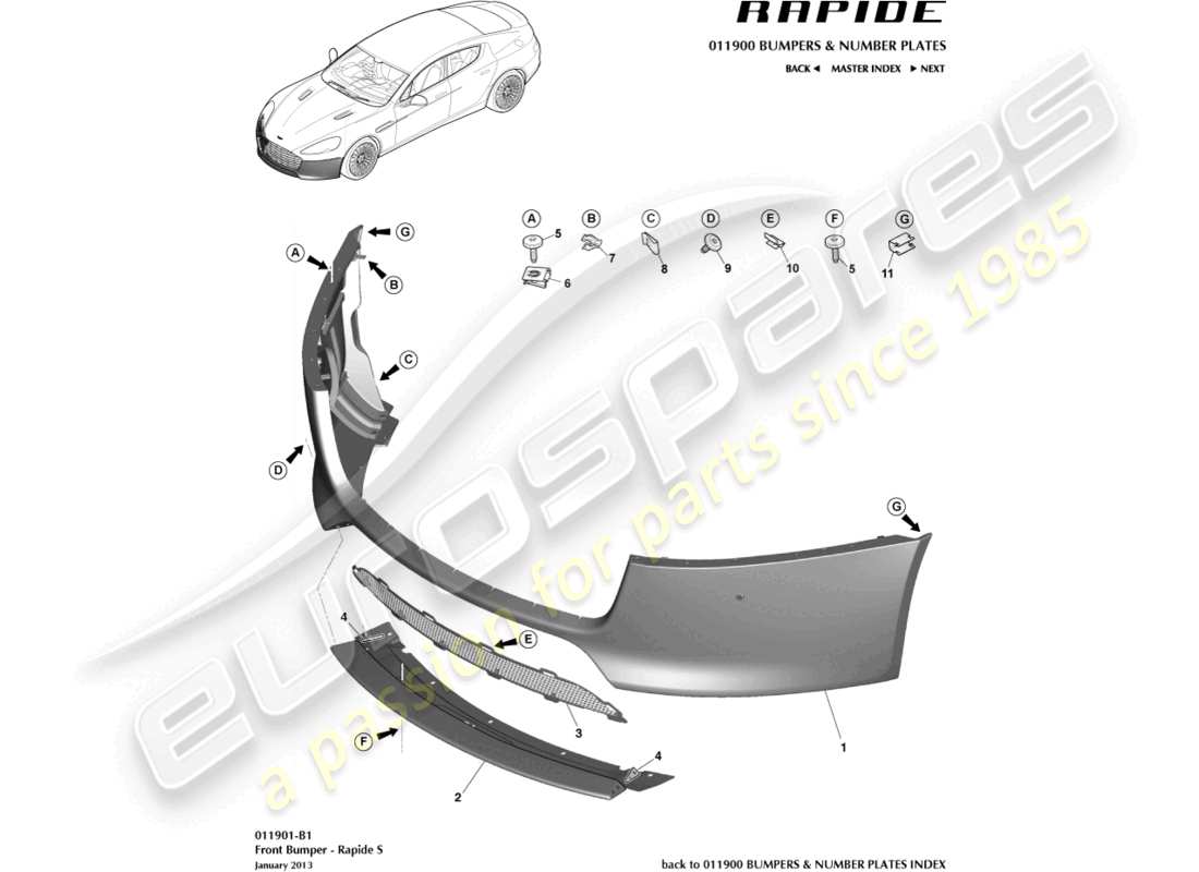 aston martin rapide (2011) front bumper, s part diagram