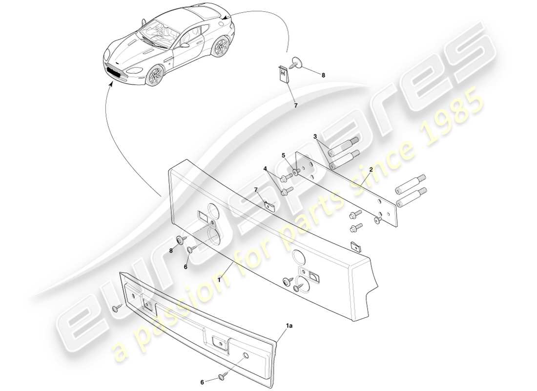 aston martin v8 vantage (2007) license plate brackets, row part diagram