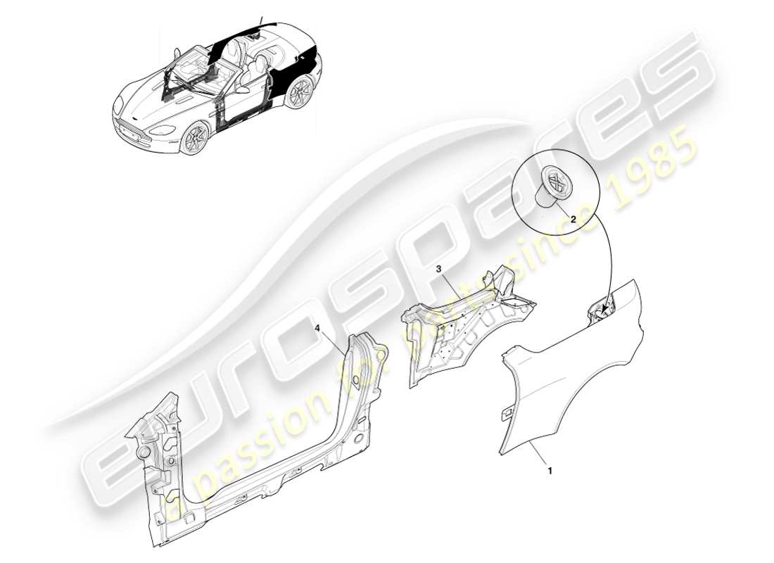 aston martin v8 vantage (2007) panel body side, roadster part diagram