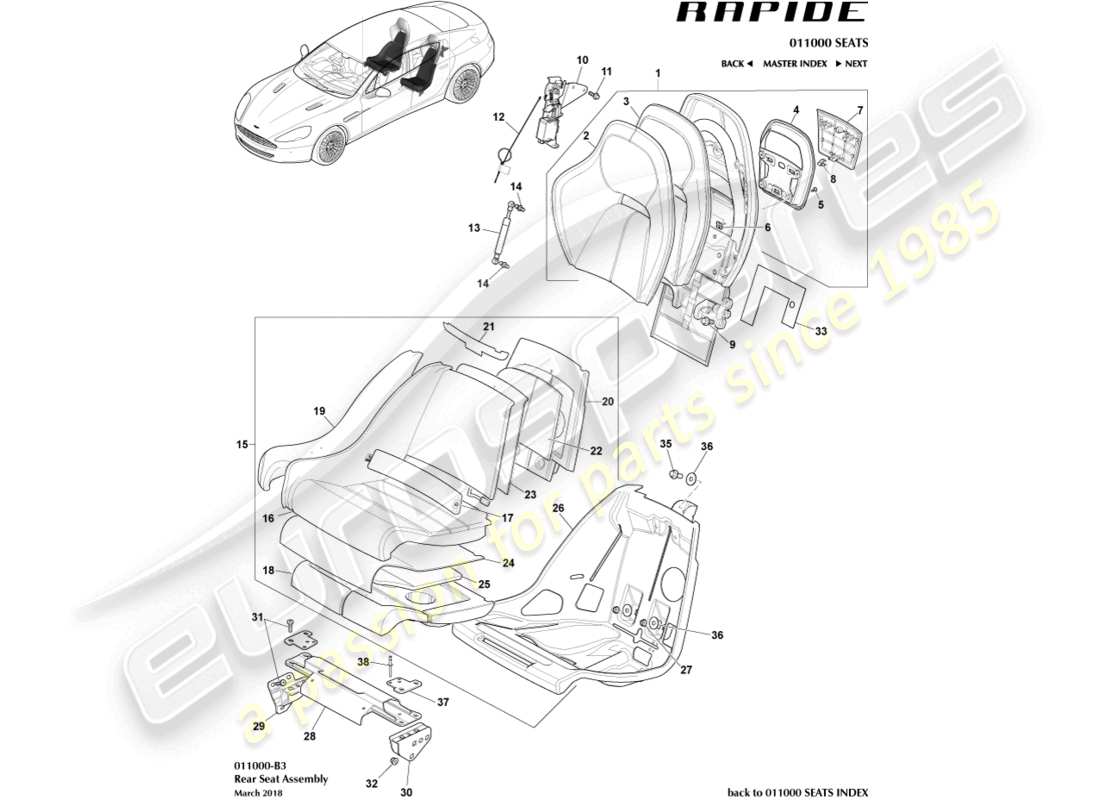 aston martin rapide (2011) rear seats part diagram