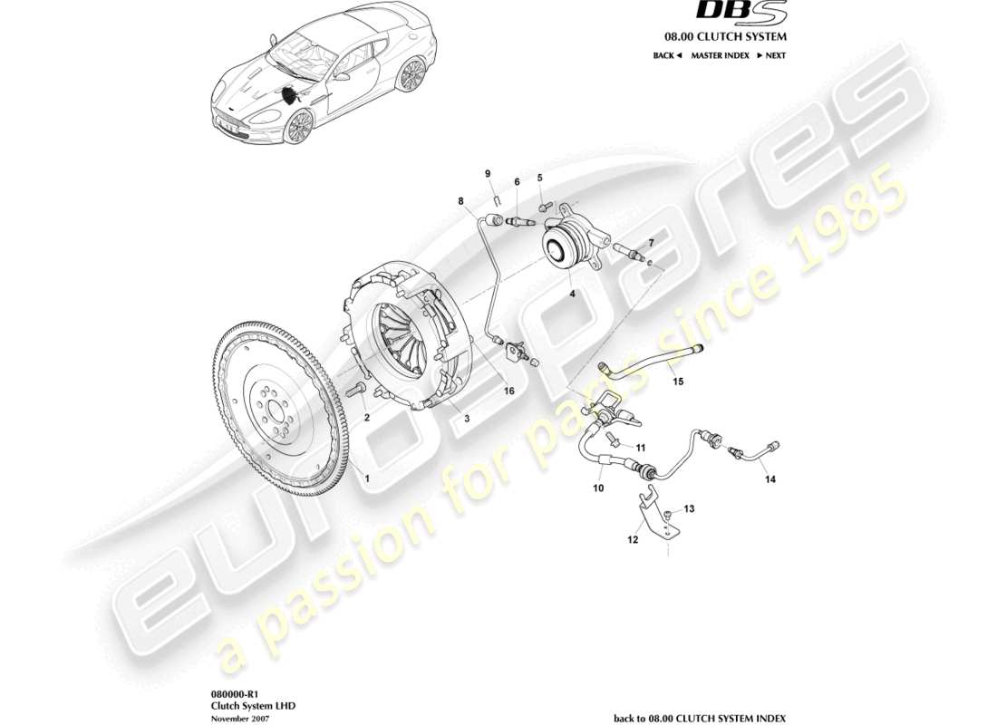 aston martin dbs (2007) clutch system, lhd parts diagram