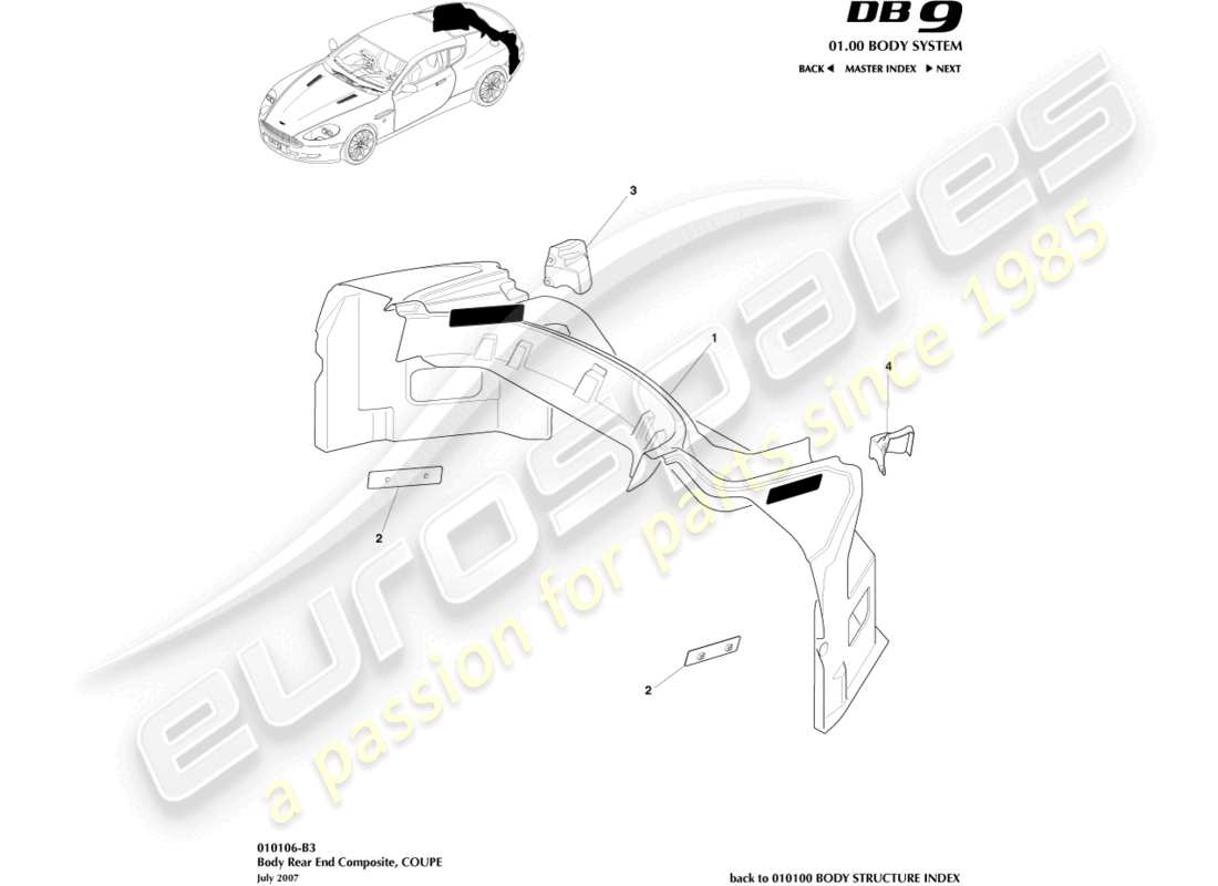 aston martin db9 (2012) body rear end composite, coupe part diagram