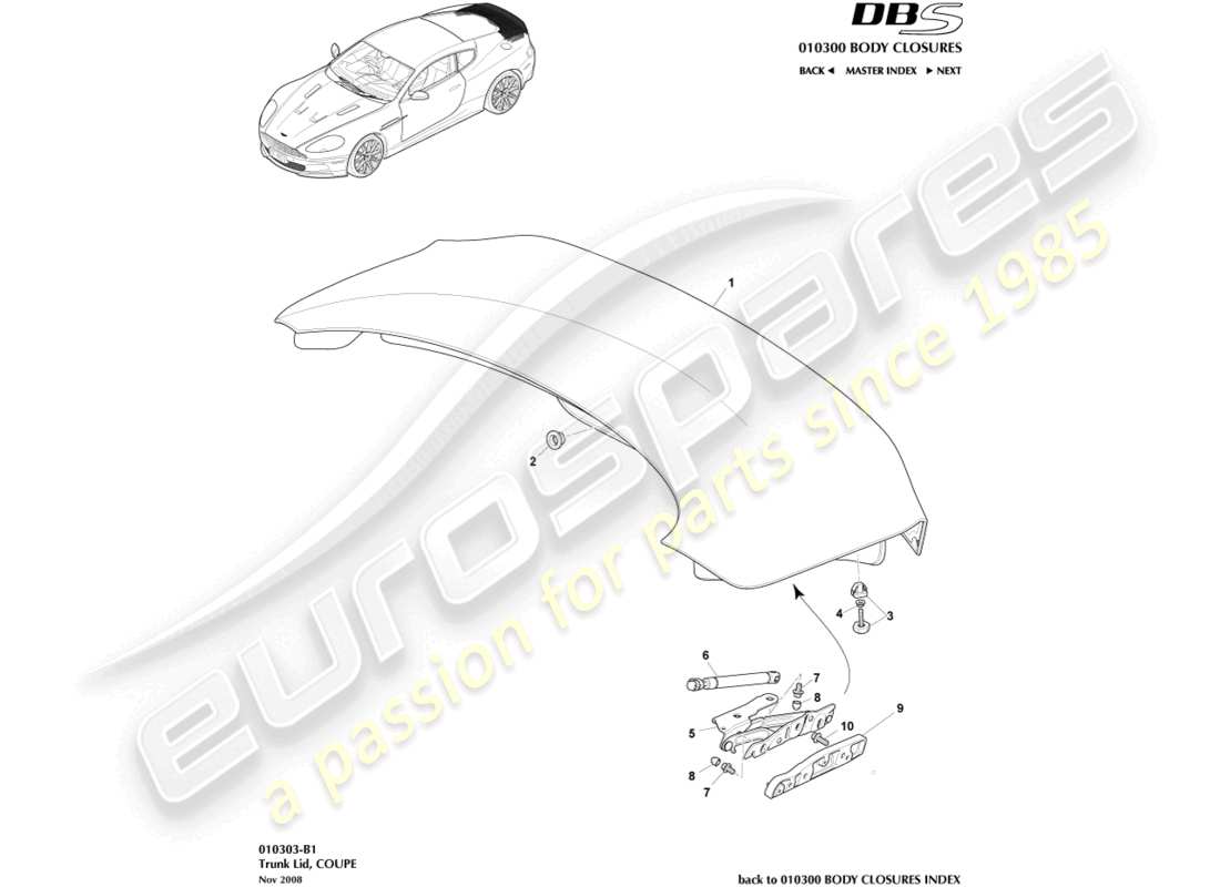 aston martin dbs (2007) trunk lid, coupe parts diagram