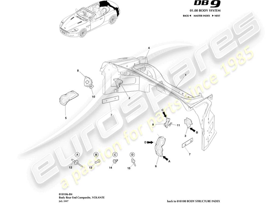 aston martin db9 (2012) body rear end composite, volante part diagram