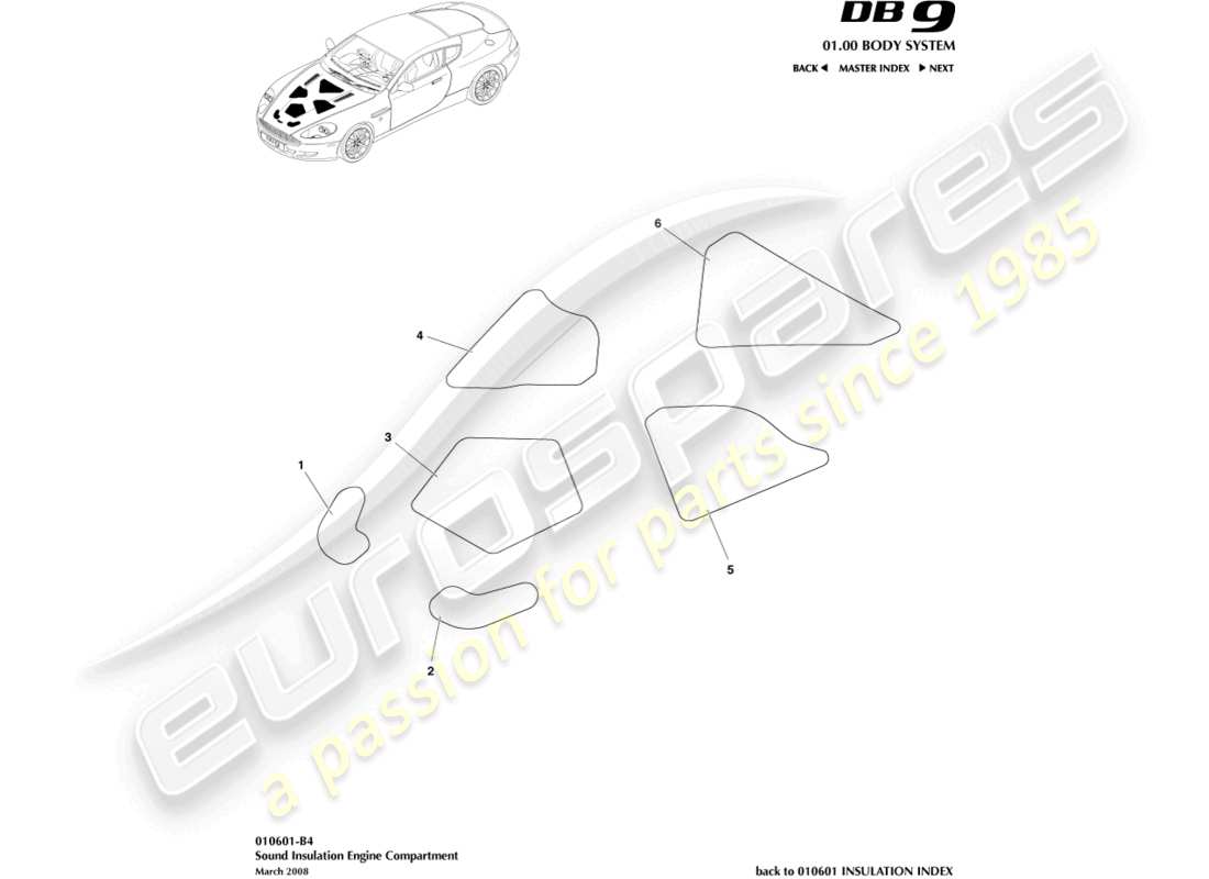 aston martin db9 (2012) sound insulation, engine comp part diagram