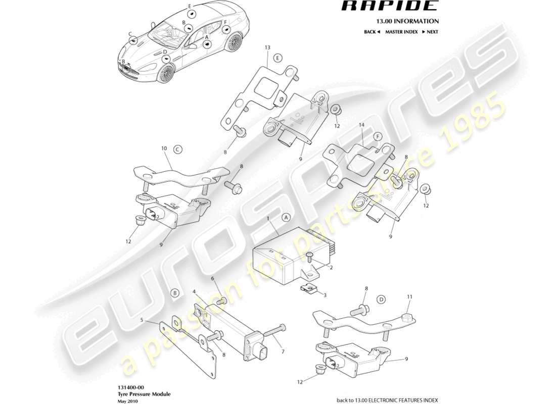 aston martin rapide (2011) tyre pressure module part diagram