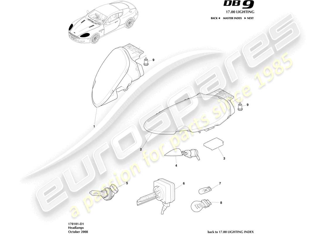 aston martin db9 (2011) headlights part diagram