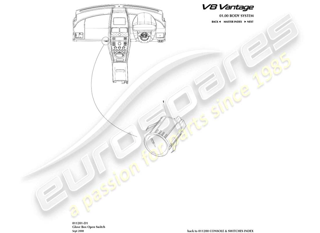 aston martin v8 vantage (2006) glove box switch part diagram